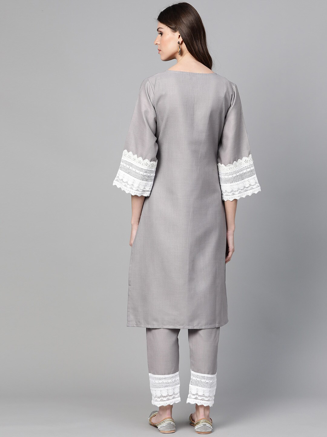 Women's Grey Solid Kurta & Trousers With Lace Insert Detail