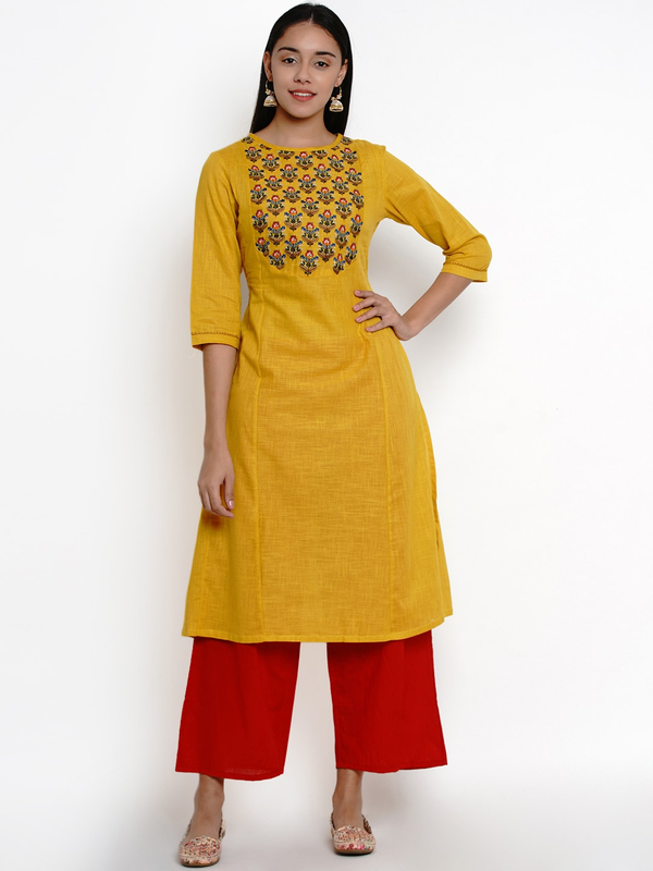 Women's Mustard & Red Yoke Design Kurti With Palazzos | WOMENSFASHIONFUN