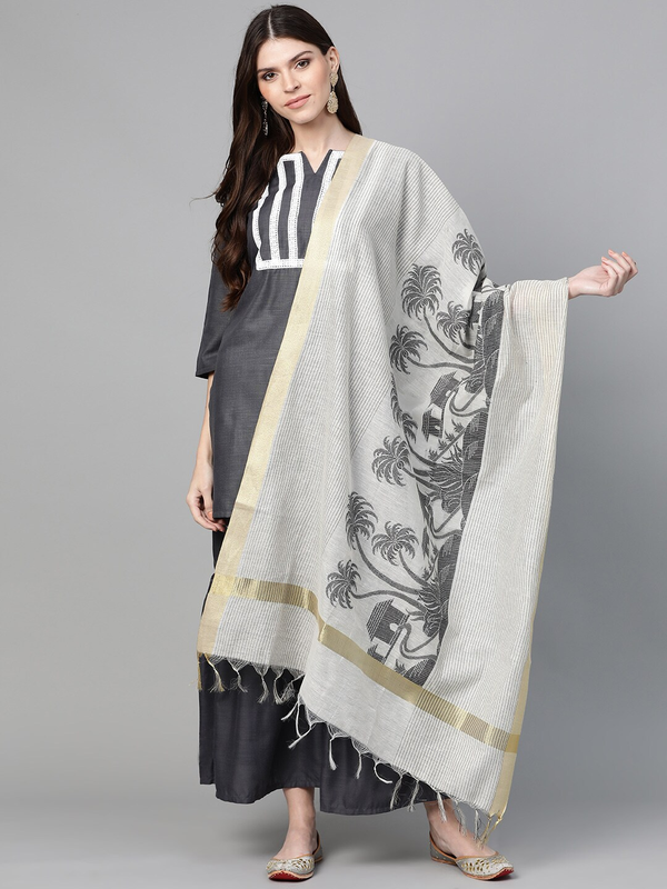 Women's Charcoal Grey Yoke Design Kurta With Sharara & Dupatta | WomensFashionFun