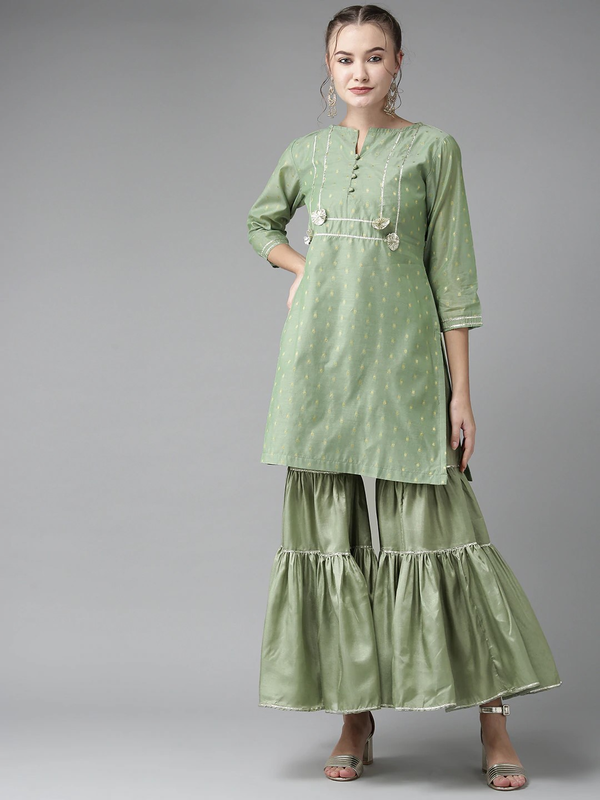 Women's Green & Golden Woven Design Kurta With Sharara | WOMENSFASHIONFUN