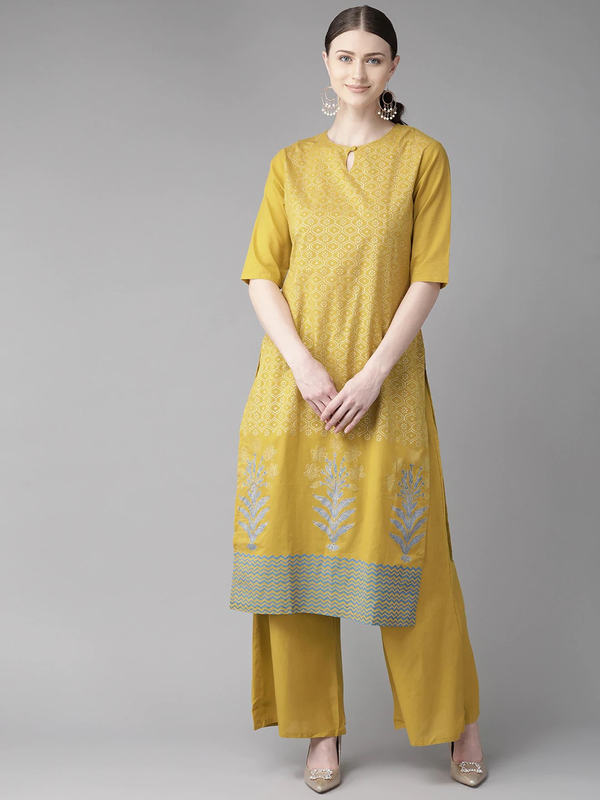 Women's Mustard Yellow & Off-White Block Printed Kurta With Palazzos | WOMENSFASHIONFUN