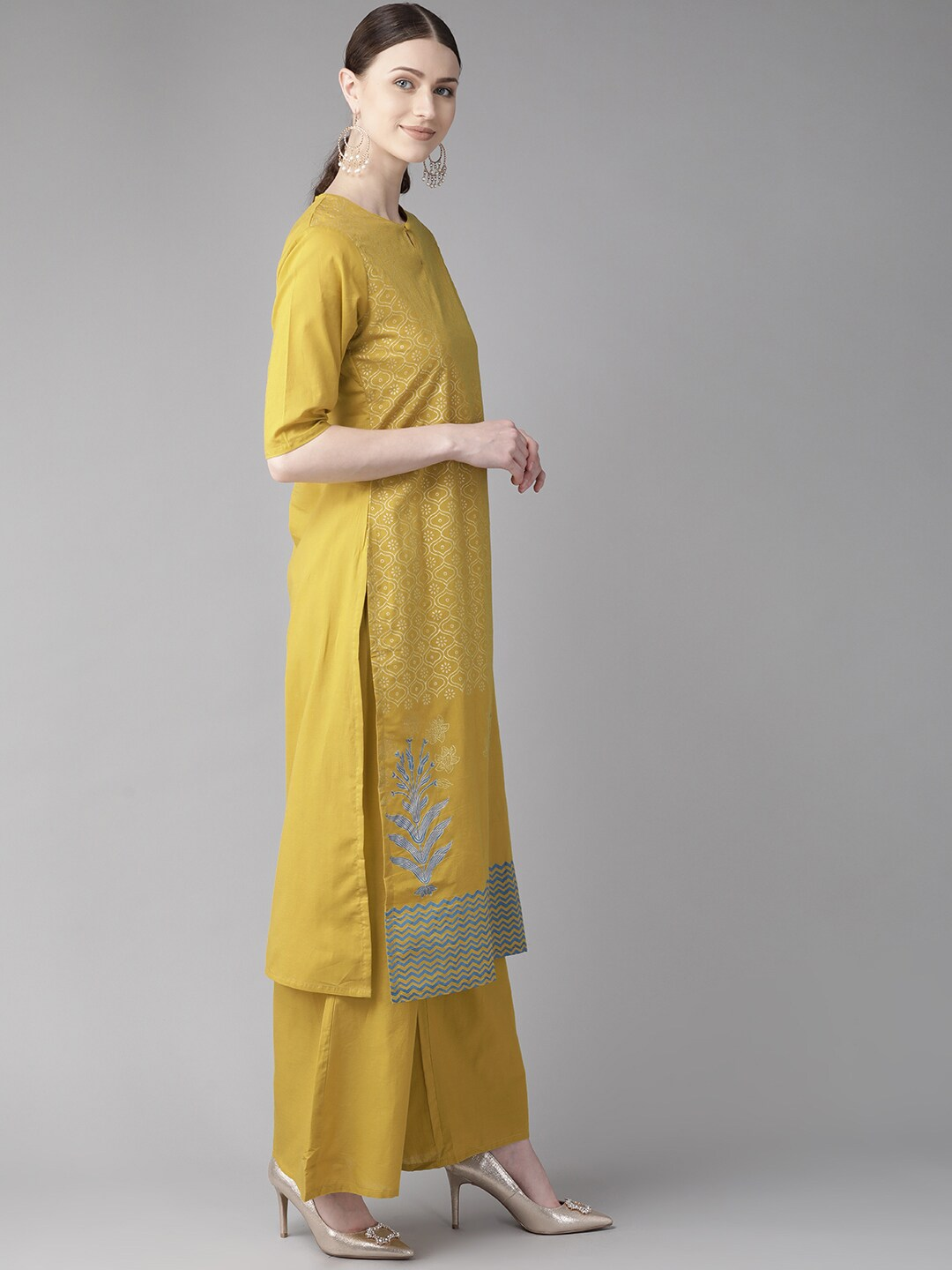 Women's Mustard Yellow & Off-White Block Printed Kurta With Palazzos