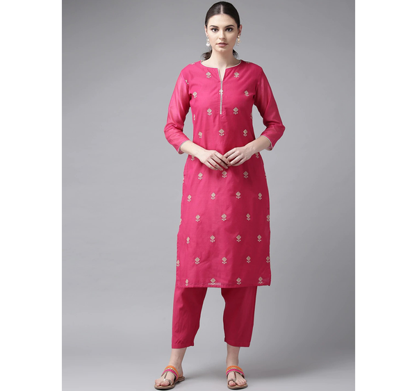 Women's Pink & Cream-Coloured Embroidered Kurta With Trousers | WOMENSFASHIONFUN
