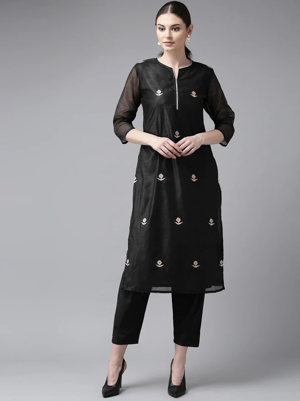 Women's Black & Cream-Coloured Embroidered Kurta With Trousers | WomensFashionFun