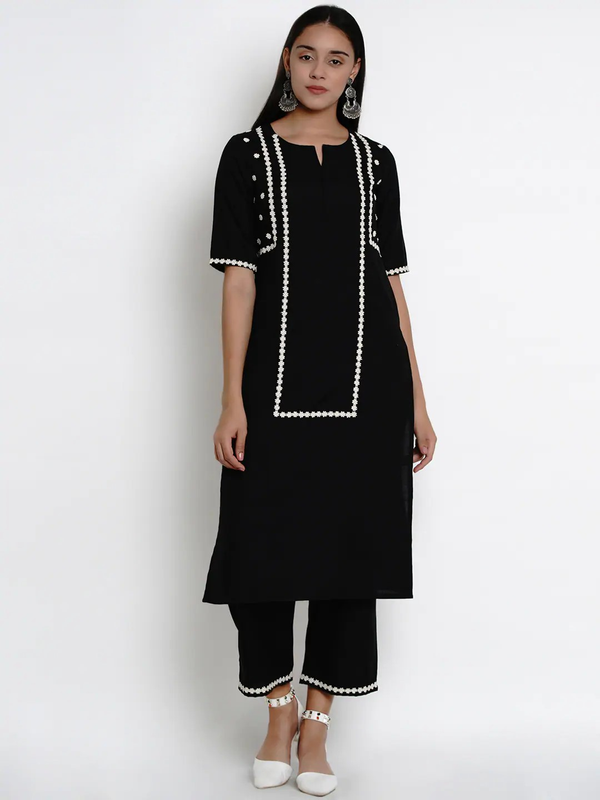 Women's Black & White Embroidered Kurta With Palazzos | WOMENSFASHIONFUN