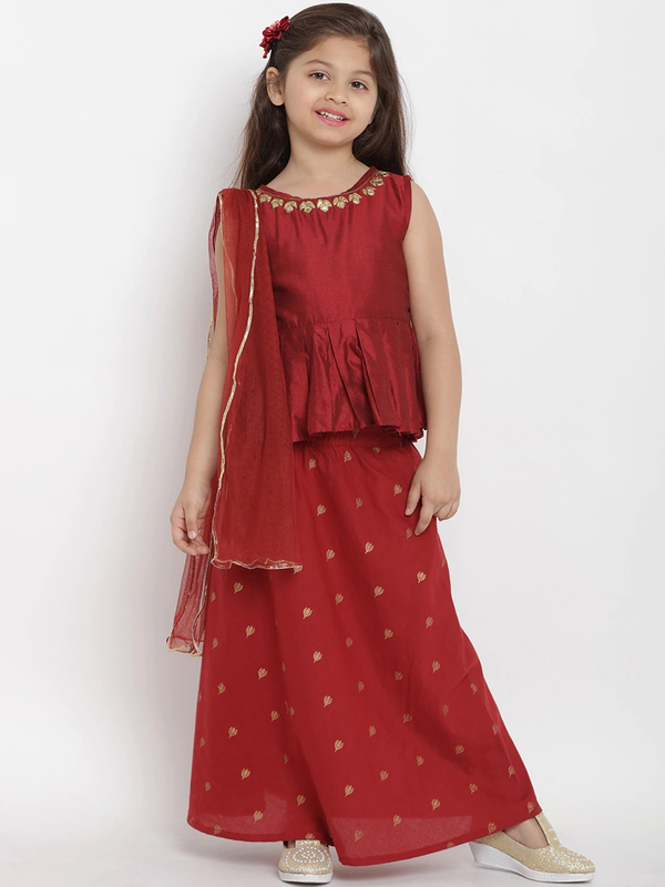Girls Maroon Solid Top with Skirt | WomensFashionFun