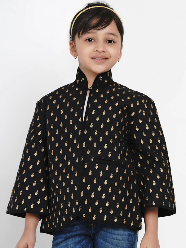 Girls Black & Gold Self Design Tailored Jacket | WomensFashionFun