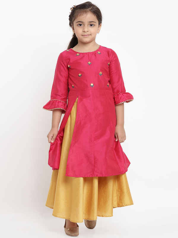 Girls Pink & Yellow Embroidered Kurta with Skirt | WomensFashionFun