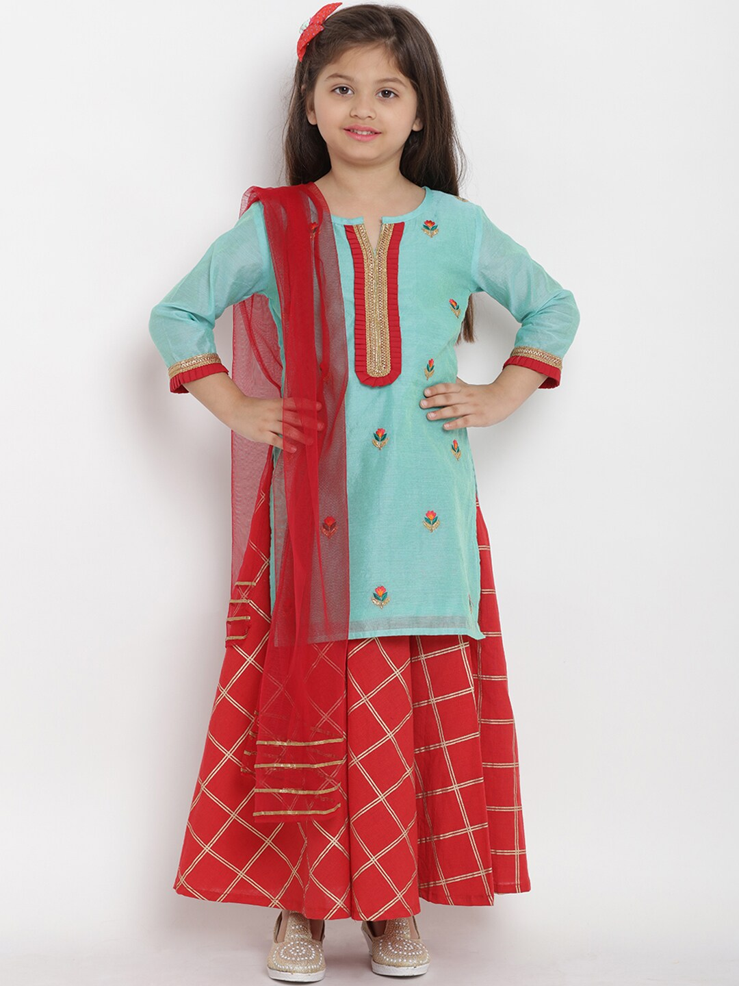 Girls Sea Green & Red Self Design Kurta with Skirt & Dupatta