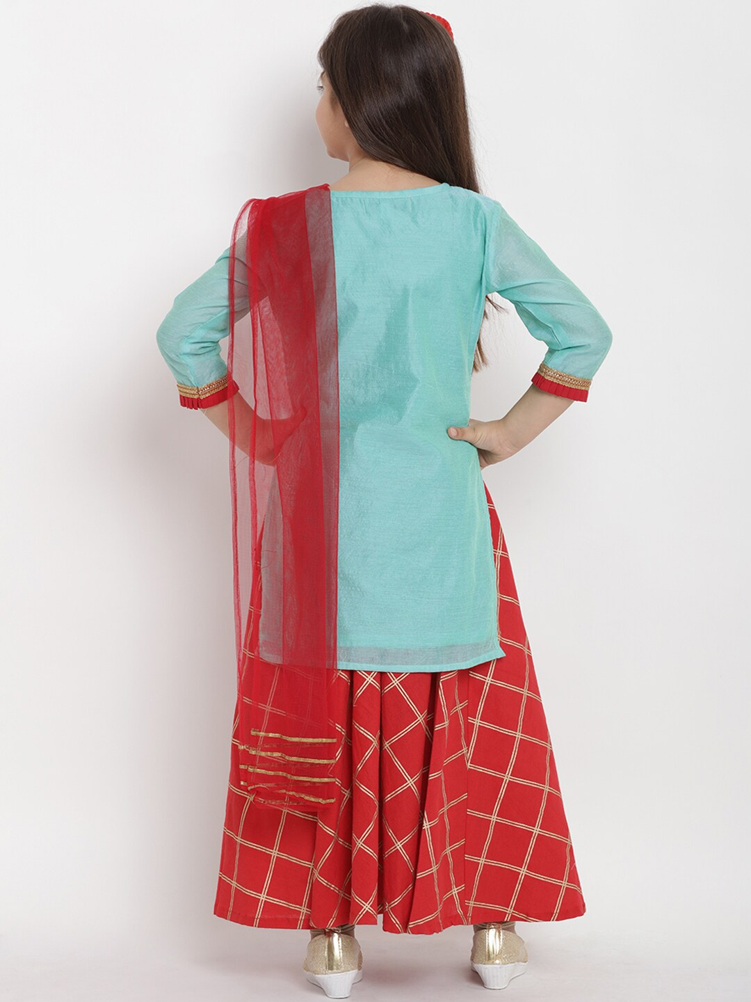 Girls Sea Green & Red Self Design Kurta with Skirt & Dupatta