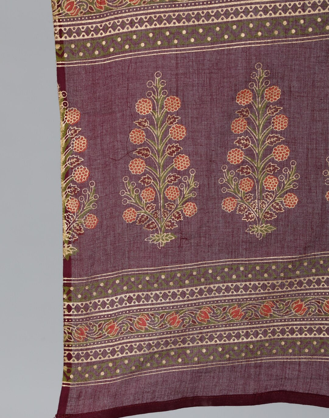 Women Purple & Gold Floral Printed Kurta With Trouser & Dupatta
