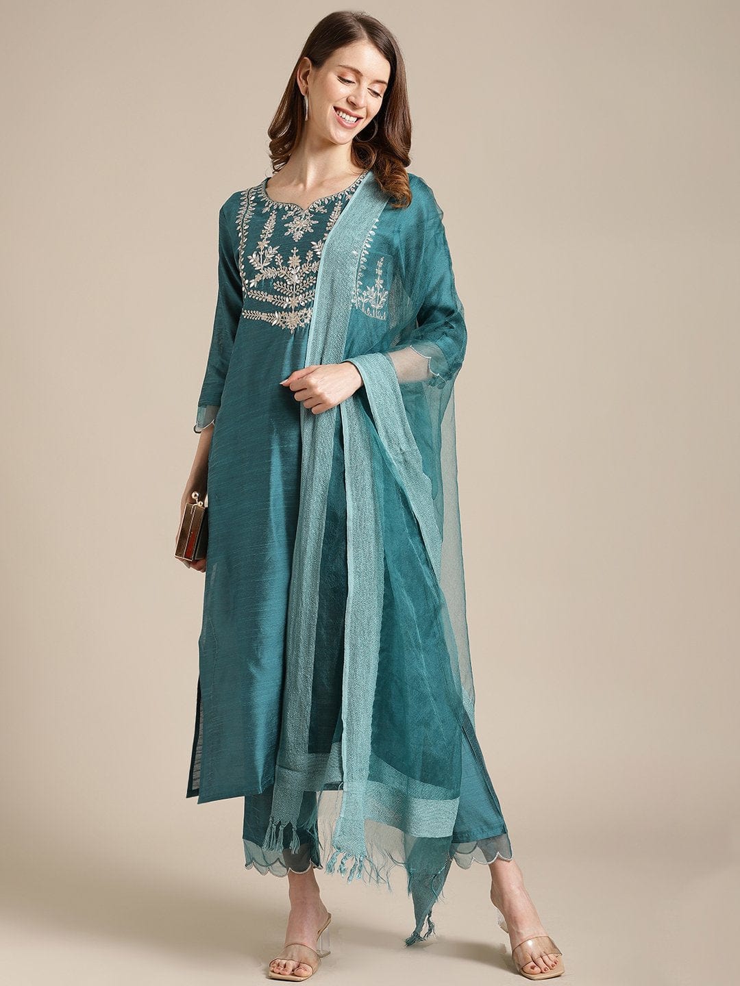 Teal Gota Patti Embroidery Silk Kurta Trouser Set With Organza On Sleeve And Silk Dupatta

 Size L
