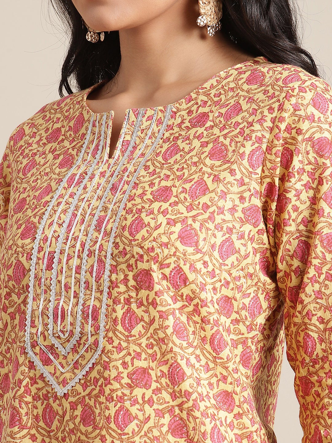 Yellow And Pink Floral Printed Straight Kurta With Round Neck And Gota Work