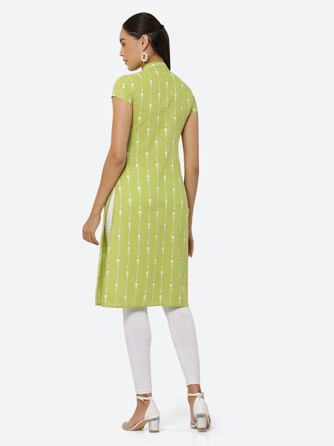 Women Lime Green & White Khari Print Straight Kurta