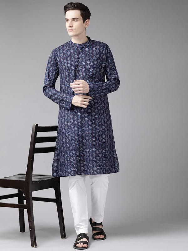 Men Blue & White Printed Straight Kurta With Pyjama