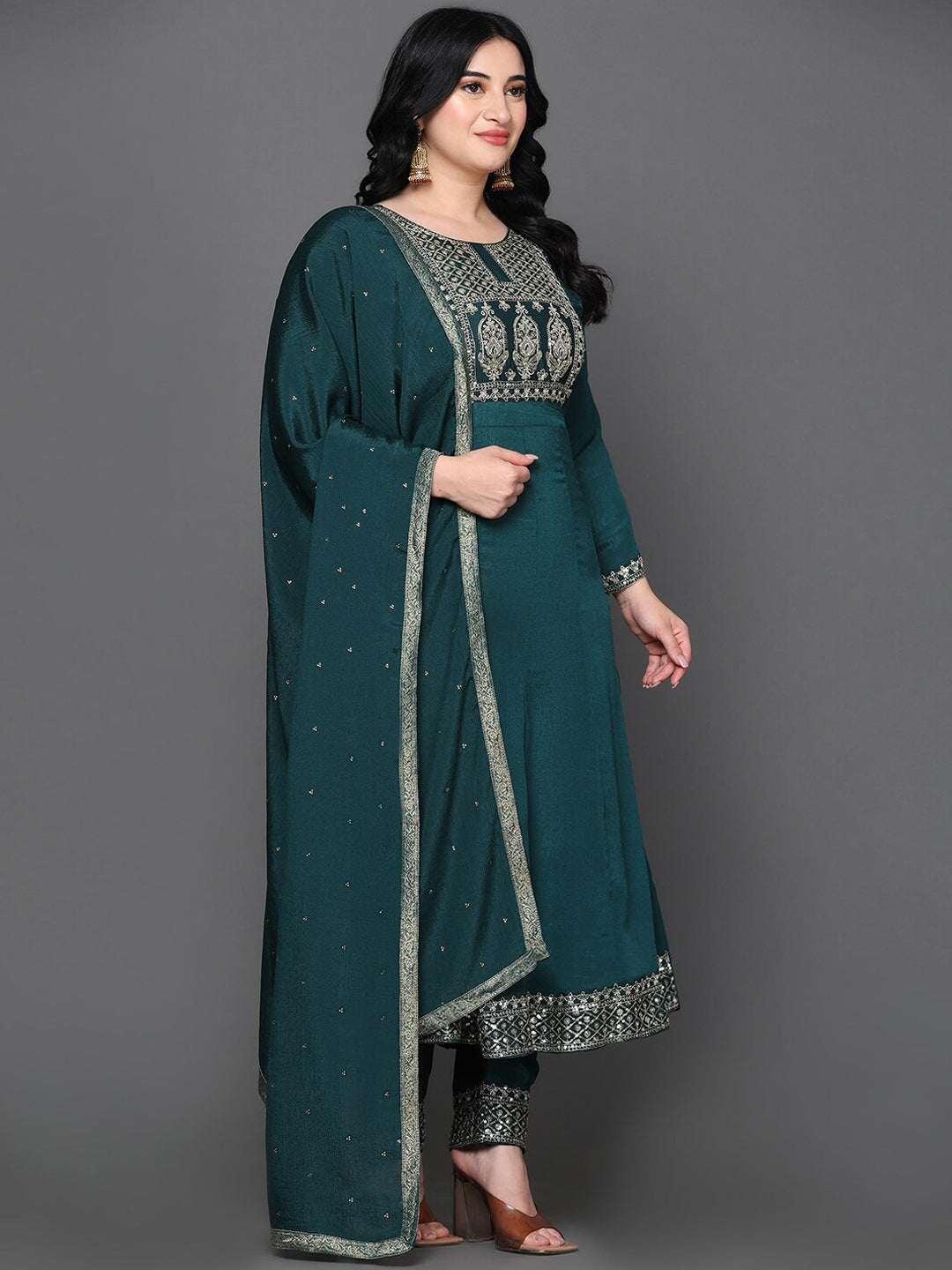 Ethnic Motifs Yoke Design Pure Silk Anarkali Kurta with Trousers & Dupatta WomensFashionFun.com