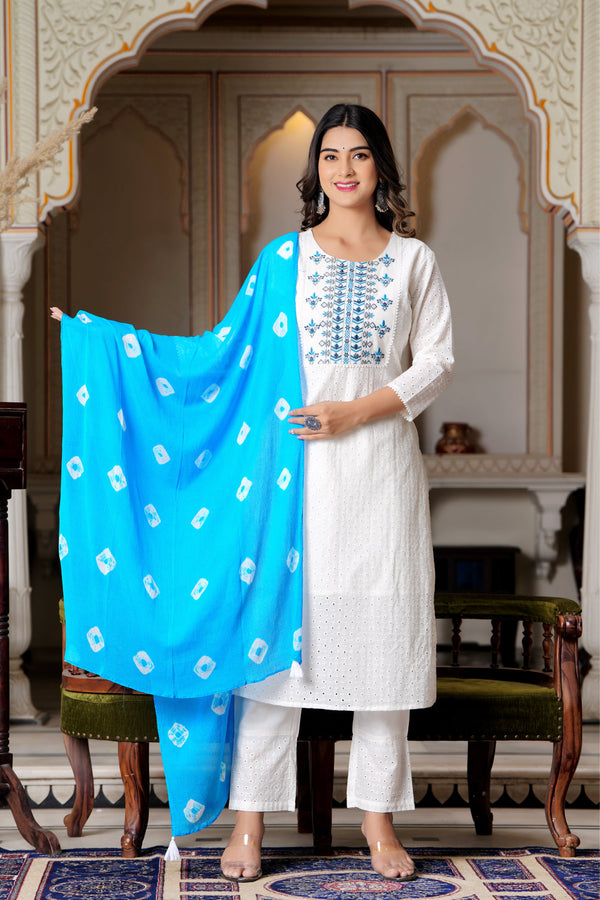 Women Floral Embroidered Pure Cotton Kurta with Trousers  With Dupatta | WomensFashionFun