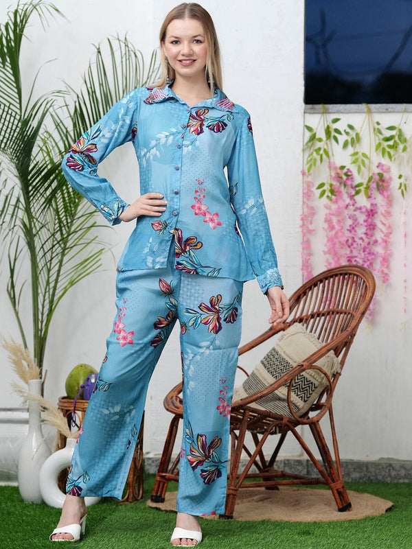 Women Printed Pure Silk Shirt With Trousers Co-Ords | WomensfashionFun.com