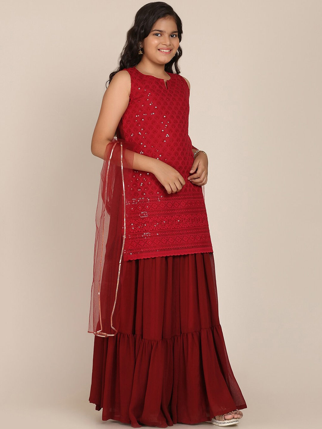 Girls Maroon Floral Embroidered Sequinned Kurti with Skirt & With Dupattawomensfashionfun