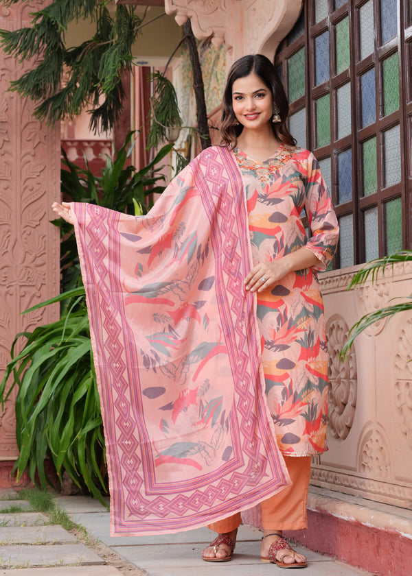 Women Floral Printed Regular Pure Cotton Straight Kurta With Trousers  Dupatta | WomensfashionFun.com