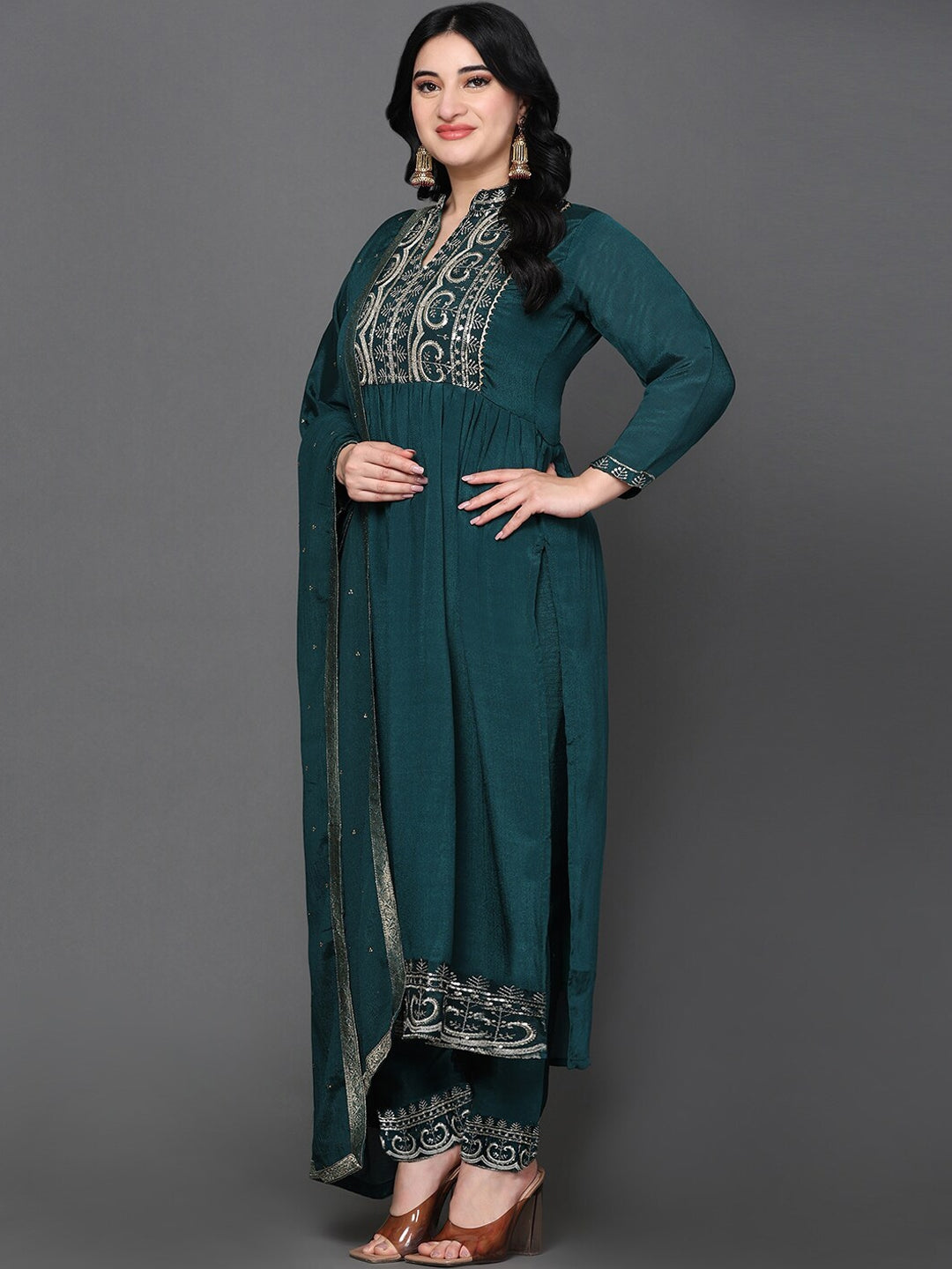 Ethnic Motifs Embroidered Pure Silk Kurta with Trousers & With Dupatta WOMENSFASHIONFUN