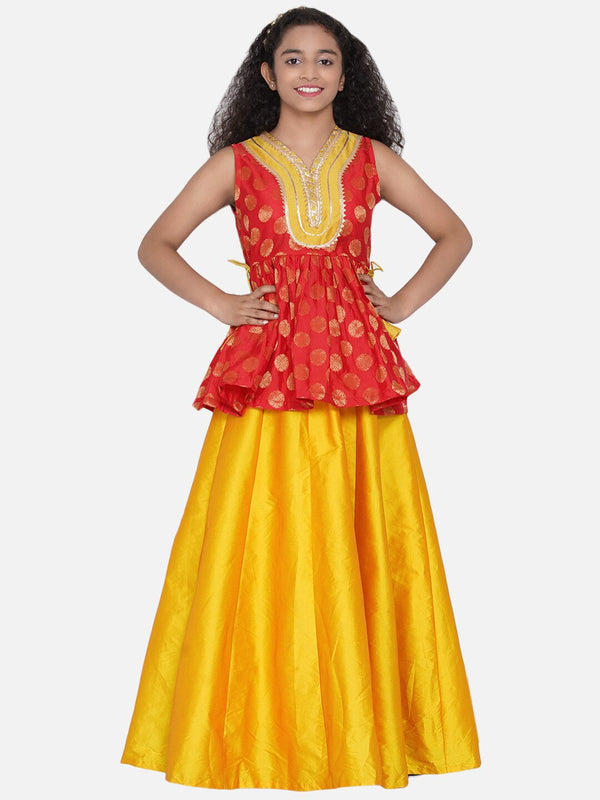 Girls Red & Mustard Yellow Woven Design Gota Patti Ready to Wear LehengaWomensFashionFun.com