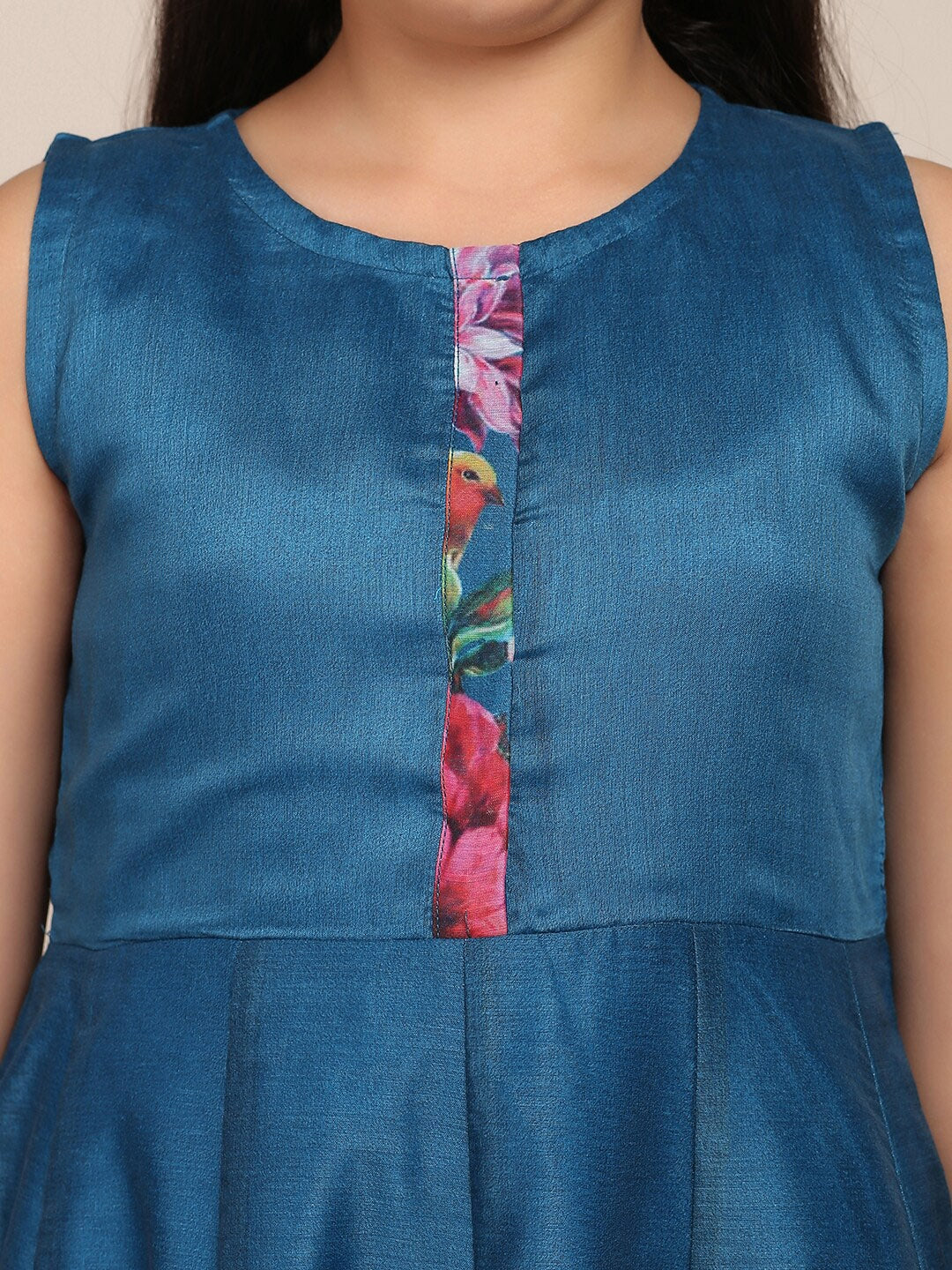 Girls Blue & Fuchsia Floral Printed Pleated Kurta with Trousers & DupattaWomensFashionFun.com
