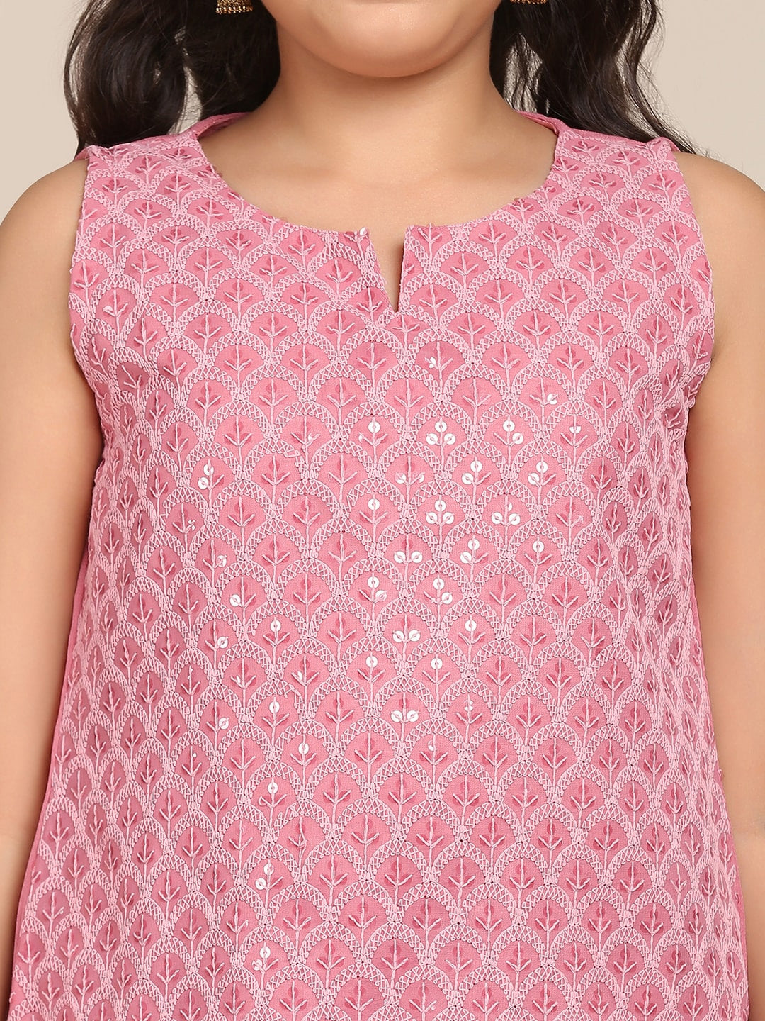 Girls Pink Embroidered Kurta with Sharara & With DupattaWomensFashionFun.com