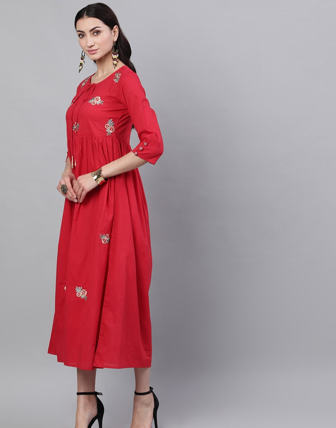 Women Red Floral Embroidered V-Neck Cotton Maxi Dress With Dupatta