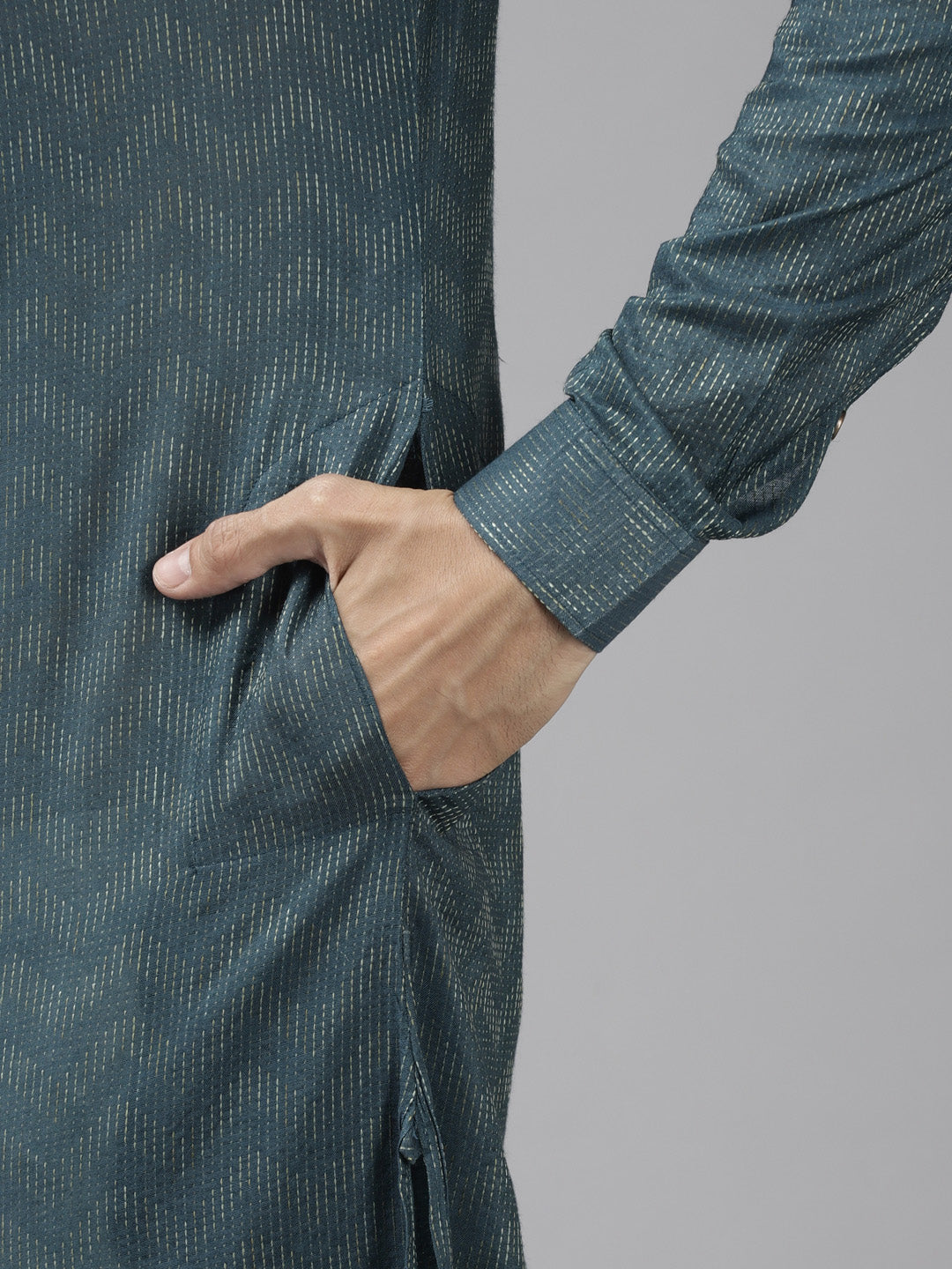 Men Teal & Beige Woven Design Thread Work Kurta With Pyjama