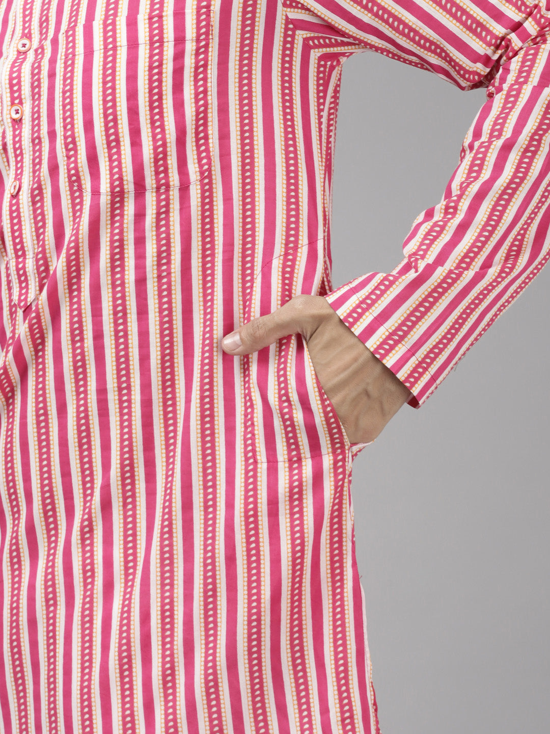 Men Pink And Gold  Printed Thread Work Indigo Kurta With Pyjama