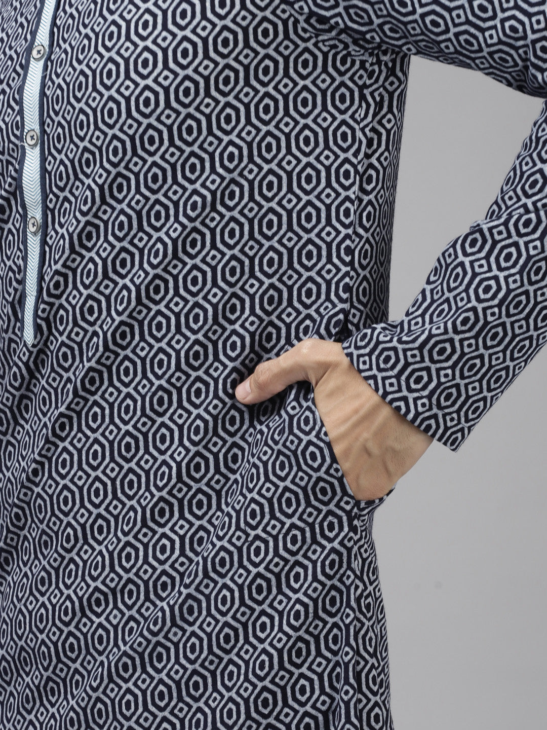 Men Blue Printed Thread Work Indigo Kurta With Pyjama