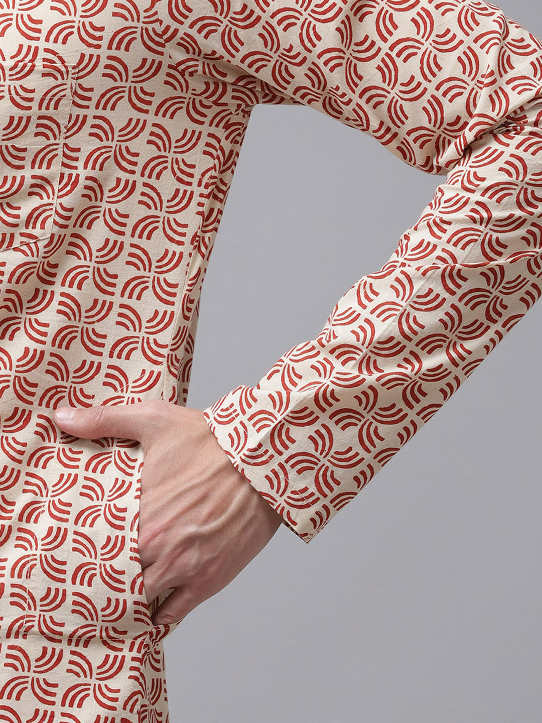 Men Beige And Maroon Hand Block Print Sustainable Straight With Kurta Pyjama