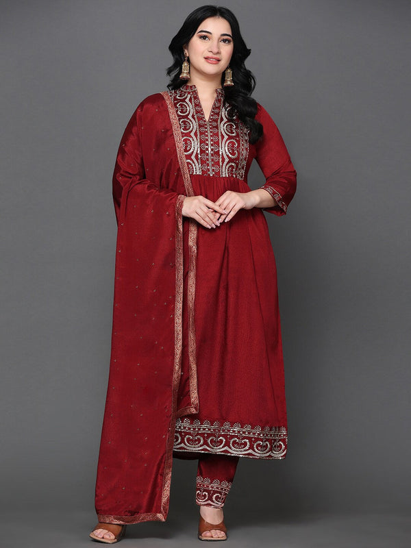 Ethnic Motifs Yoke Design Pleated Pure Silk Kurta with Trousers & Dupatta WomensFashionFun.com