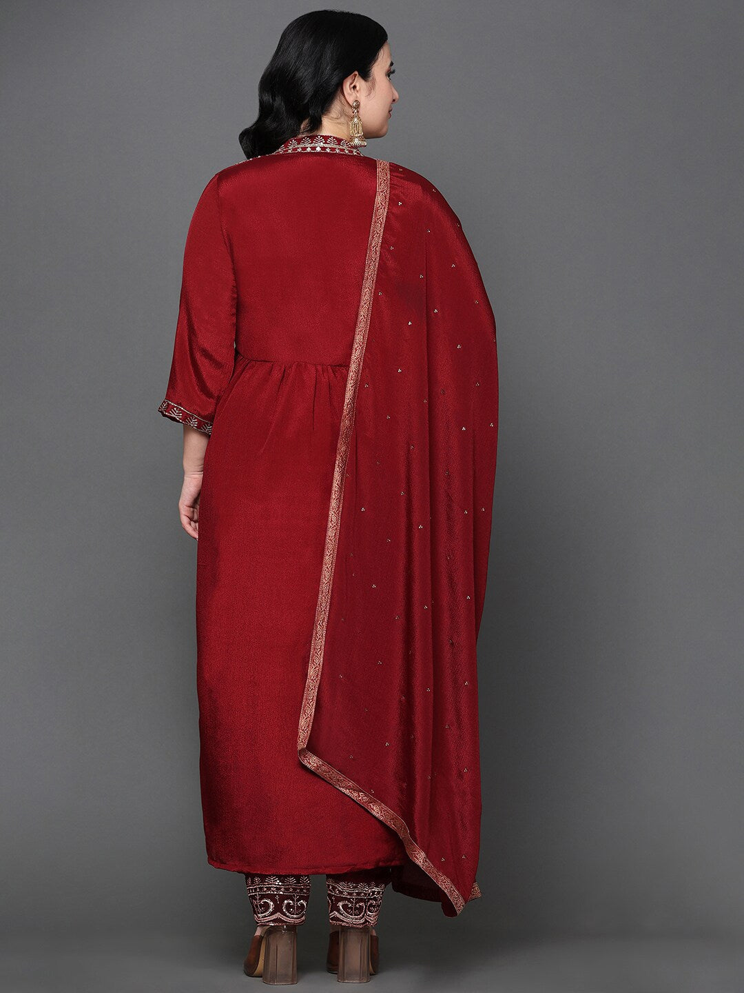 Ethnic Motifs Yoke Design Pleated Pure Silk Kurta with Trousers & Dupatta WOMENSFASHIONFUN