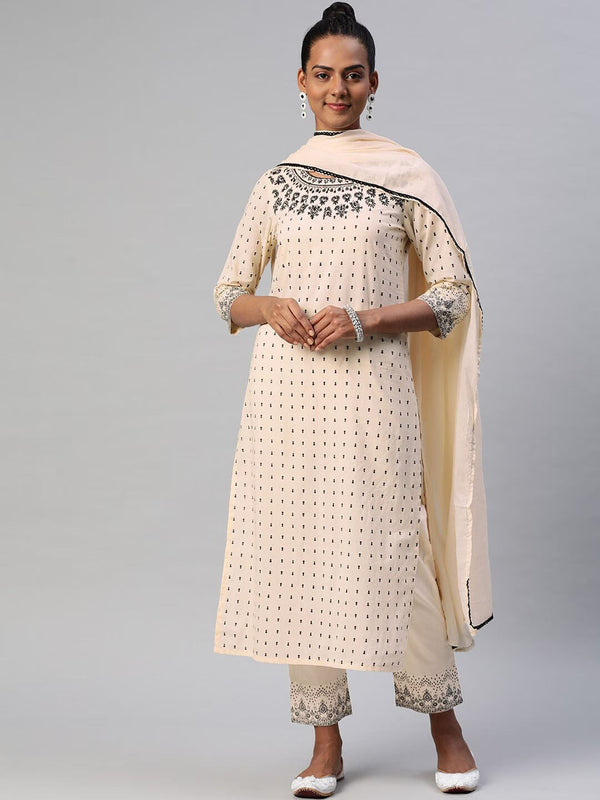 Women Ethnic Motifs Printed Thread Work Pure Cotton Kurta with Trousers  Dupatta | WomensfashionFun.com