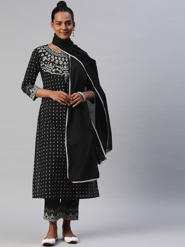 Women Ethnic Motifs Printed Thread Work Pure Cotton Straight Kurta With Trousers Dupatta | WomensfashionFun.com