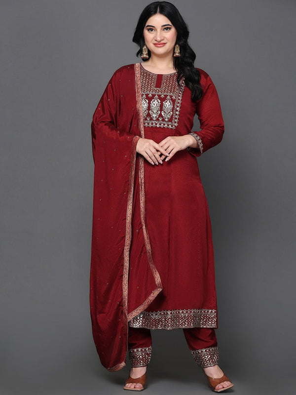 Ethnic Motifs Yoke Design Pure Silk Anarkali Kurta with Trousers & Dupatta WOMENSFASHIONFUN