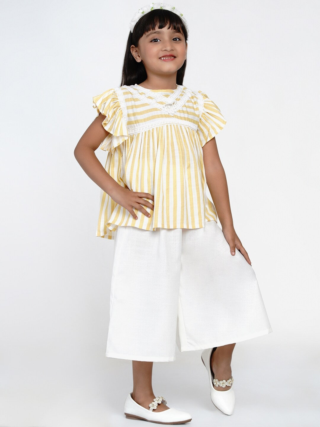 Girls Yellow & Off-White Striped Top with CaprisWomensFashionFun.com