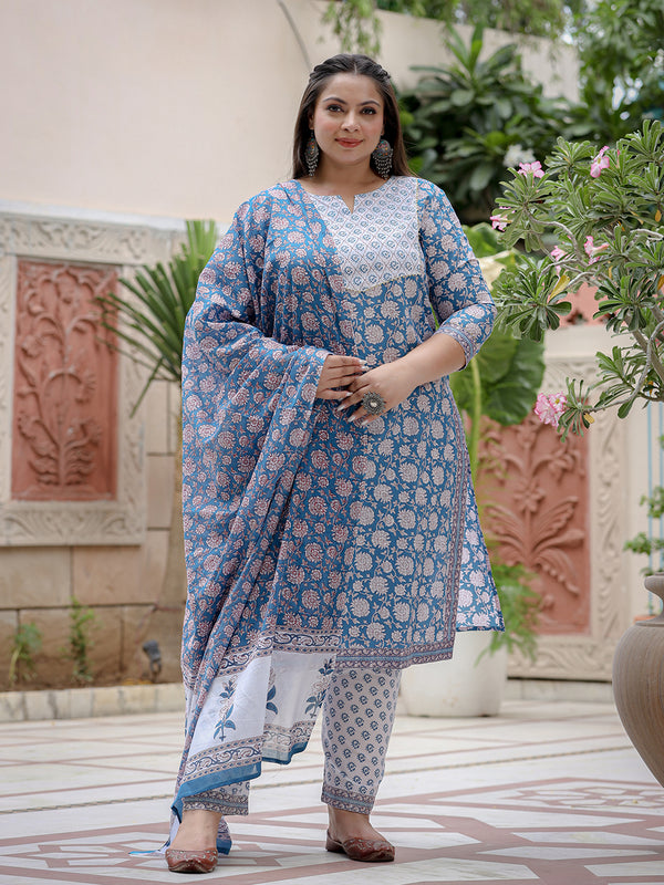 Women Plus Size Blue Pure Cotton Kurta Set With Dupatta | WomensfashionFun.com