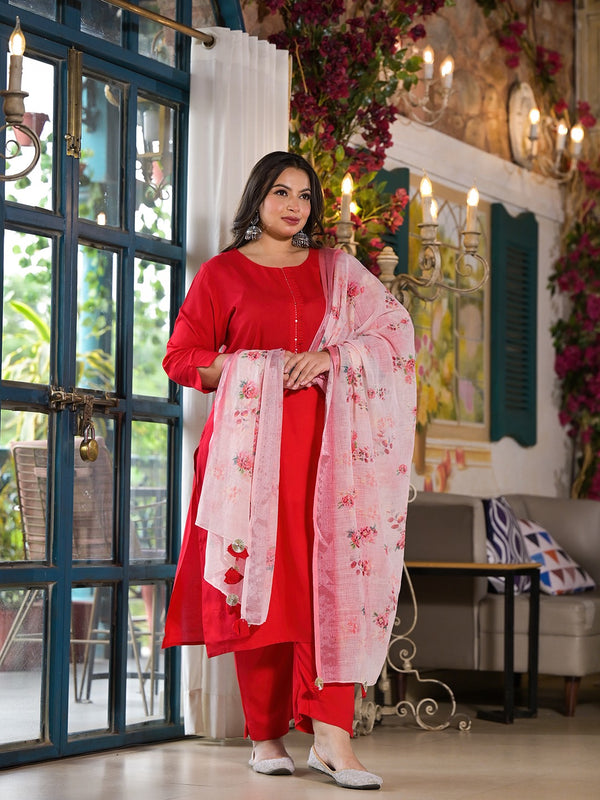 Women Plus Size Red Viscose Rayon Kurta Set With Dupatta | WomensFashionFun