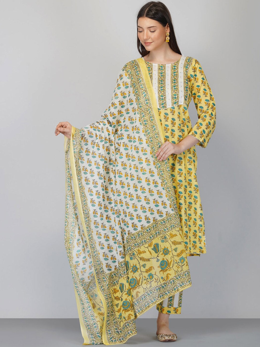 Women Yellow Ethnic Motifs Printed Pure Cotton Kurta with Trousers & Dupatta WOMENSFASHIONFUN