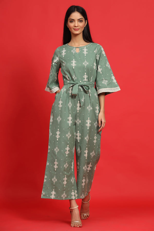 Sage Green Cotton Flex Printed Jumpsuit | WomensFashionFun
