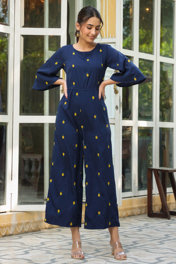 Dark Blue Poly Crepe Embroidered Jumpsuit | WomensFashionFun