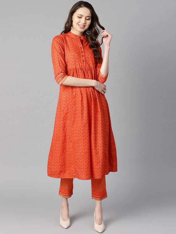 A line Pleated kurta with border detailing on the sleeves with straight solid pants | womensFashionFun.com
