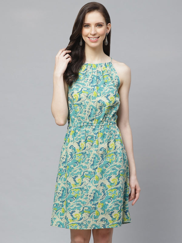 Women White and blue Floral Printed Halter Neck Cotton A-Line Dress | womensFashionFun.com