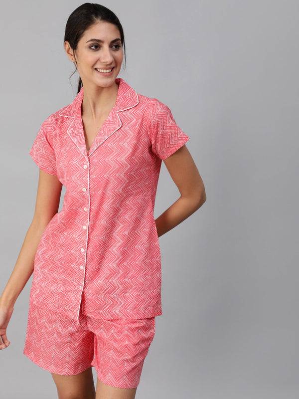 Women Pink ZIg-Zac Printed Night Suit | womensFashionFun.com
