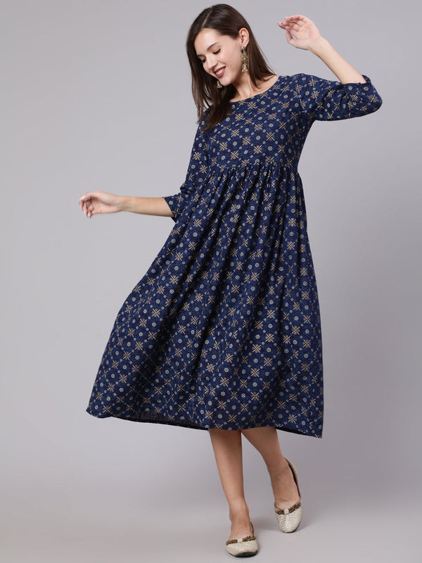 Women Blue & Gold Printed Dress With Three Quarter Sleeves | WOMENSFASHIONFUN