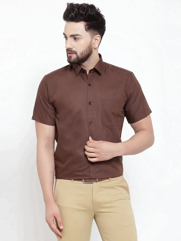 Brown Men's Cotton Half Sleeves Solid Formal Shirts | WomensfashionFun.com