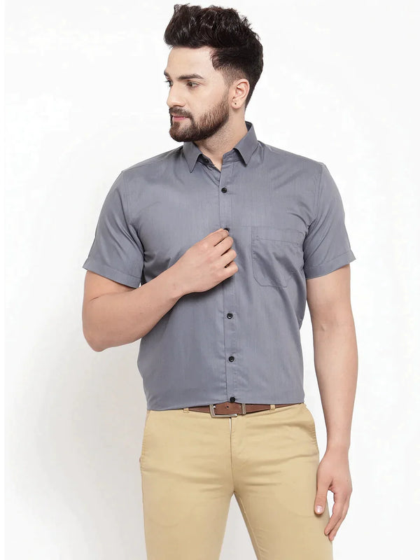 Grey Men's Cotton Half Sleeves Solid Formal Shirts | WomensfashionFun.com